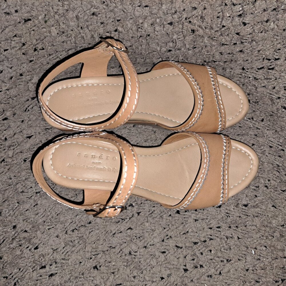 SANDRO-Audrey-Tan Leather-Contrast Stitch-Ankle Strap-Wood Heel-Sz 37/6.5-NM - Picture 6 of 9